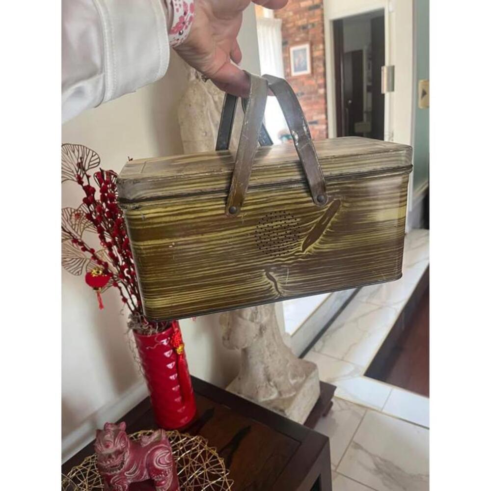 1940s vintage metal tin lunchbox litho wood grain vented breadbox or lunchbox